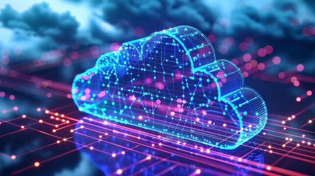 Cloud computing background, abstract network lines and nodes, digital blue and purple hues