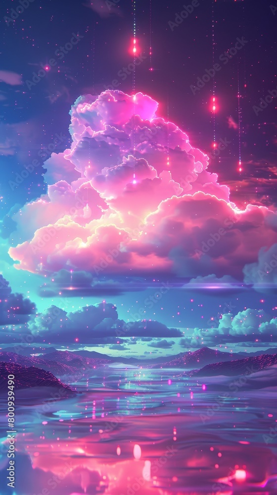 Poster cloud computing concept, digital landscape, 3d network grid with floating cloud icons, ethereal ligh