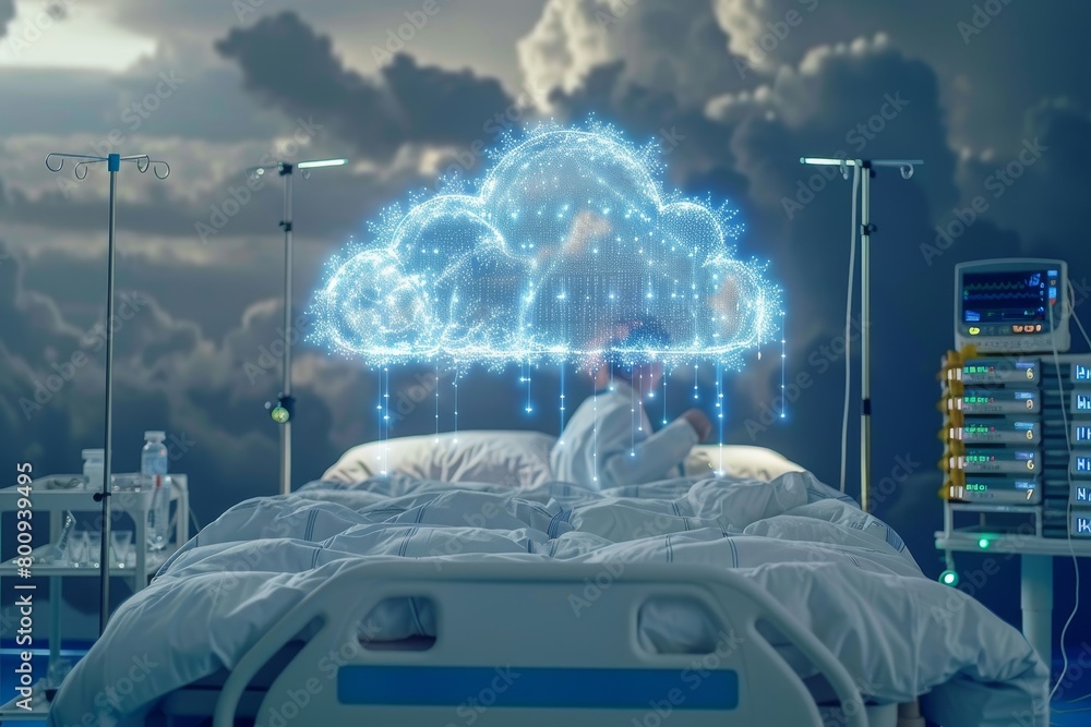 Poster in healthcare, doctors securely access patient data via cloud networks in hospitals, emphasizing con