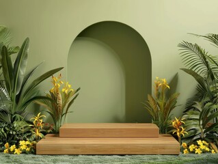 This is a photo of a wooden podium against a sage green background. There are two large tropical plants on either side of the podium and two small tropical plants in front of it. The plants have yello