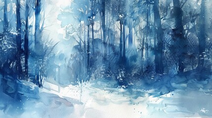 Peaceful watercolor of a snowy forest, the white and cool blues providing a visual escape and a sense of serenity