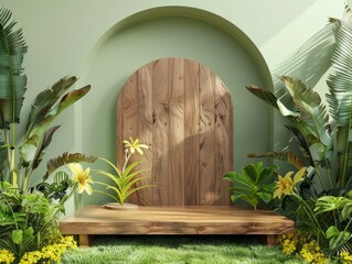 This is a photo of a wooden podium against a sage green background. There are two large tropical plants on either side of the podium and two small tropical plants in front of it. The plants have yello