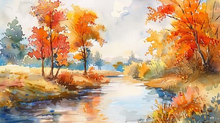 Peaceful watercolor of a winding river flanked by autumn trees, the vibrant colors providing warmth and comfort