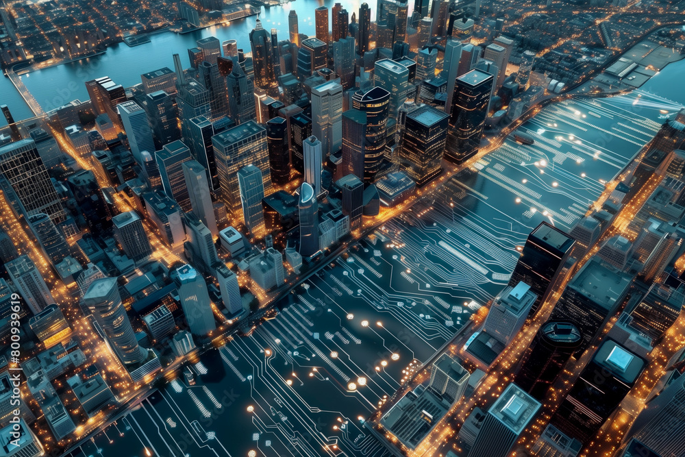 Wall mural Aerial view of surreal night cityscape made by electronics circuit board with glowing light in concept technology, A.I., AI, digital.