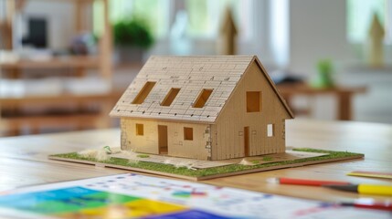 A small model house sits on a table next to a chart with grades A through G and different colored arrows - obrazy, fototapety, plakaty