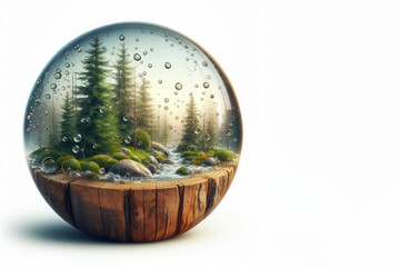 Forest landscape in a glass ball. Space for text.