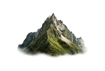 Majestic snow-capped mountain peak rising with rugged slopes against a transparent isolated background. Generative AI