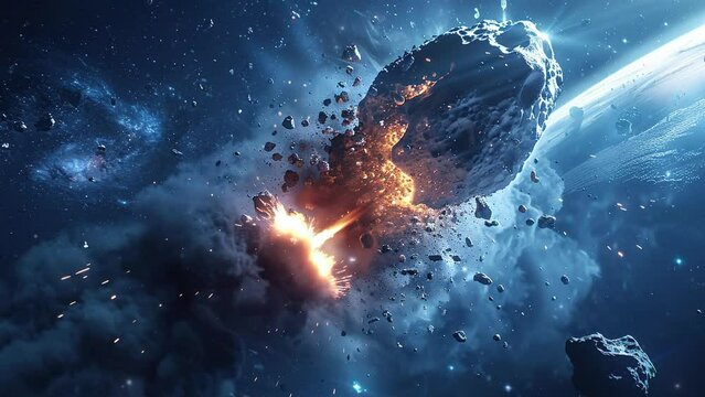 National Asteroid Day concept. Meteor falls in the space. Astroid impact. A very realistic view of a meteor hitting the earth very powerfully.