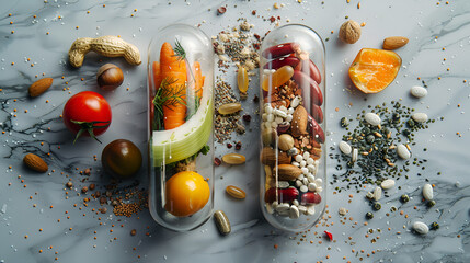 Medicine health concept. Nutritional supplement and vitamin supplements as a capsule with fruit vegetables nuts and beans inside a nutrient pill ai generative