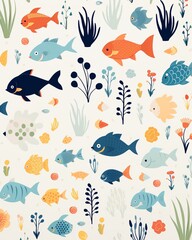 Playful ocean life, flat design vector, repeating for aquaticthemed stationery , simple lines drawing