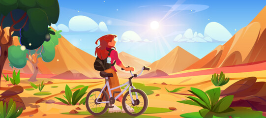 Fototapeta premium Female tourist with bicycle looking at sandy dunes. Vector cartoon illustration of young woman cycling, looking at sandy summer desert, green trees and grass, stones on ground, bright sun in blue sky