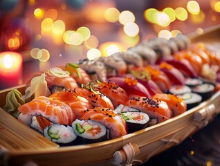 Sushi Roll Rolls Boat Sashimi Nigiri Japanese Dinner Close Up Food Dining Blurred Background Image	
