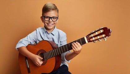 Obraz premium Joyful child playing guitar isolated on flat orange background with copy space. Creative banner for children's music school