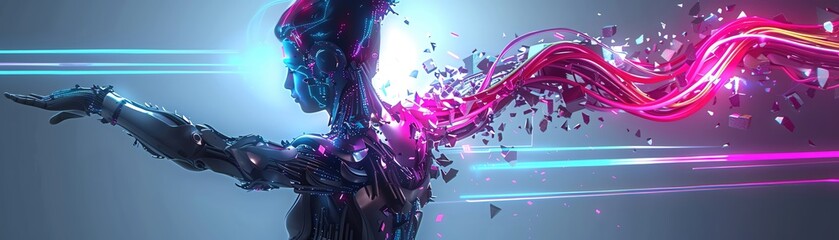 Futuristic goddess controlling digital elements, her form shimmering with metallic armor and neon accents