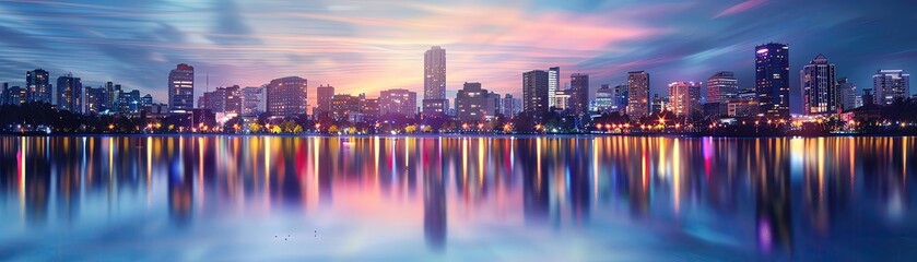 City skyline at dusk reflecting off the river, with lights blurring into a symphony of color on the water surface