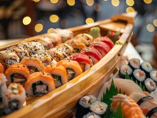 Sushi Roll Rolls Boat Sashimi Nigiri Japanese Dinner Close Up Food Dining Blurred Background Image	
