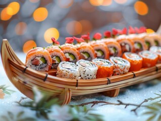 Sushi Roll Rolls Boat Sashimi Nigiri Japanese Dinner Close-Up Food Dining Blurred Background Image