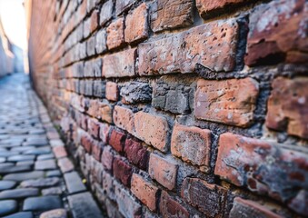 Close-up Texture of Aged Red Brick Wall with Cobblestone Pathway Background