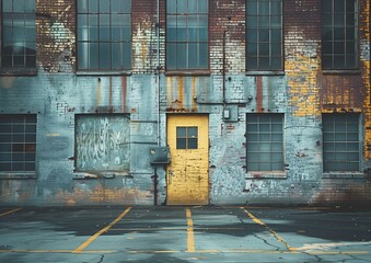 Vintage Urban Warehouse Exterior with Rustic Yellow Door and Weathered Brick Walls