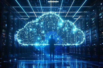 Team of analysts in office discuss strategies using live-update dashboards for cloud computing trends analysis