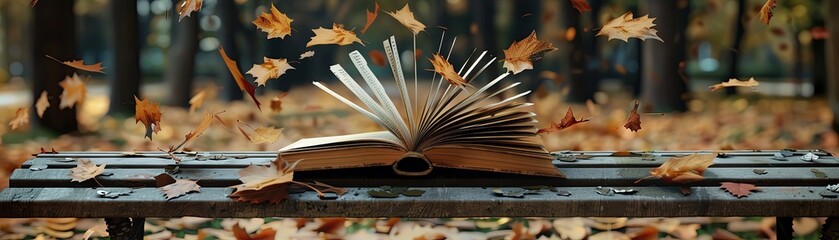 An ancient book open on a bench in an autumn forest, with leaves falling around it, symbolizing change and decay
