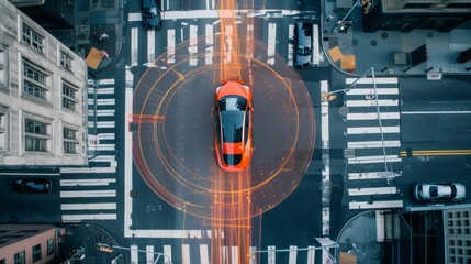 This is an aerial view of a red car driving on an asphalt road. There are green trees on either side of the road. The car is in the center of the image and is surrounded by a blue circle with several 