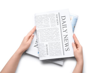 Female hands with different newspapers on white background