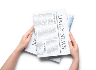 Obraz premium Female hands with different newspapers on white background