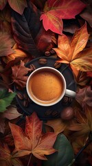 Close up of a coffee cup surrounded by vibrant autumn foliage, a cozy, seasonal vibe
