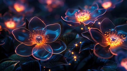 Close up of glowing dark digital flowers, blossoming in a night themed virtual garden