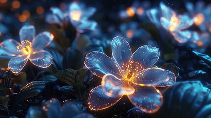 Close up of glowing dark digital flowers, blossoming in a night themed virtual garden