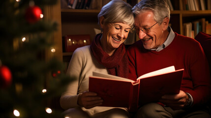 Christmas family, Happy Retired Elderly couple reading a book in the christmas season holiday