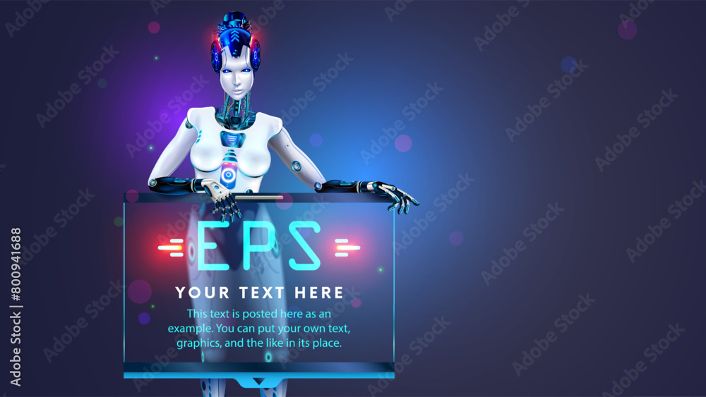 Aufkleber AI or artificial intelligence in the form of a humanoid female robot holds an empty poster or screen template in its hands. Vector. AI bot presents business report. Robot Speaker presentation about AI