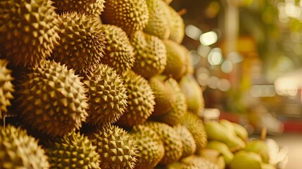 A close-up of ripe durian fruits stacked in a local market, showcasing their distinctive spiky exterior and creamy yellow flesh, a tantalizing tropical delicacy. - obrazy, fototapety, plakaty