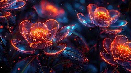 Close up of glowing dark digital flowers, blossoming in a night themed virtual garden