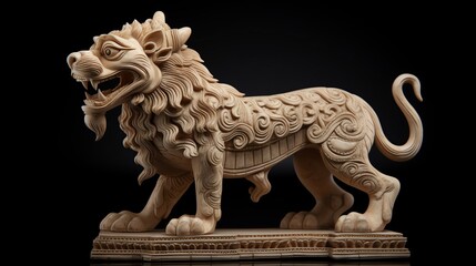 Elegant 3D sculpture of a Singha with detailed carvings in stone mimicking traditional Thai craftsmanship ideal for historical documentaries or virtual museum tours