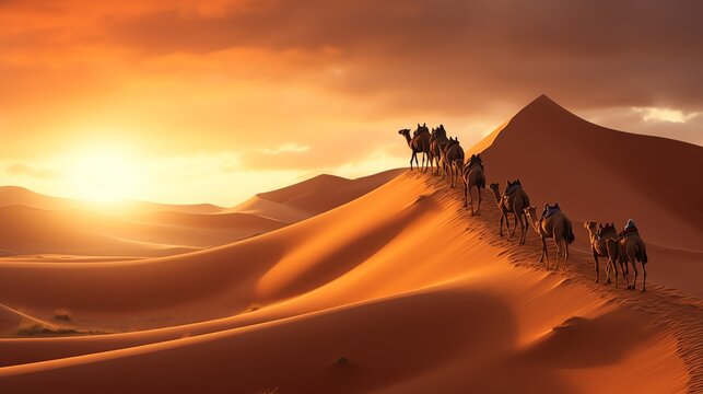 Highresolution image of a caravan of camels traversing windformed dunes in the Sahara great for travel blogs or cultural showcases