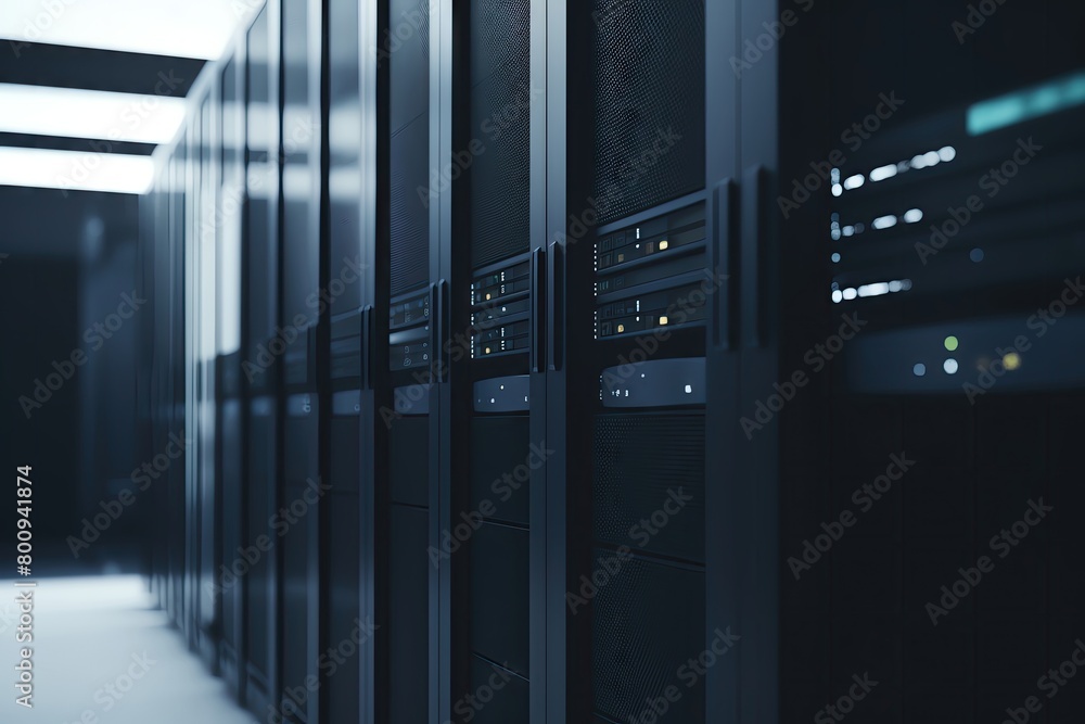 Poster edge computing server room with racks, dimly lit with ample space for overlaying explanatory text