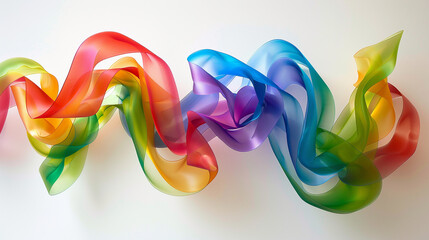 Interwoven ribbons of richly saturated colors blending harmoniously to create a captivating rainbow motif, set against a clean white background.