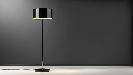 A black lamp is standing in front of a white wall