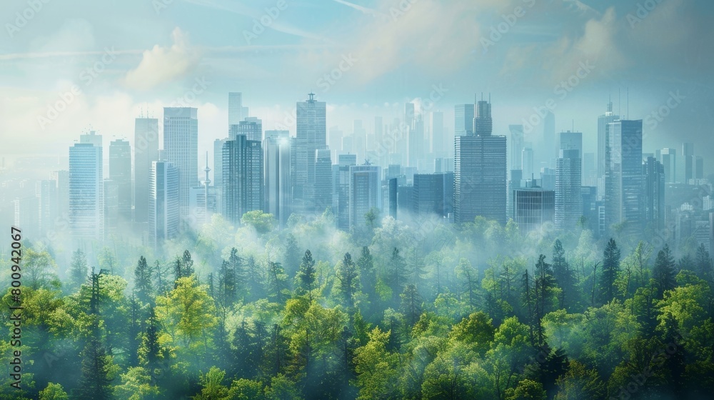 Poster a digital illustration of a city skyline transitioning into a thriving forest emphasizing the import