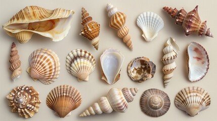 collection of various seashells on pure white background