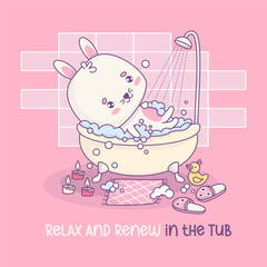 Cute bunny rests in bubble bath. Whimsical relaxed in bathroom cartoon kawaii animal character is shower. Vector illustration. Cool card about water treatments and relaxing.