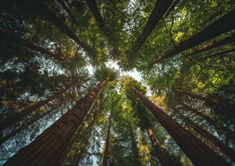 Fototapeta premium Majestic Redwood Trees Canopy Under Sunny Sky in Forest