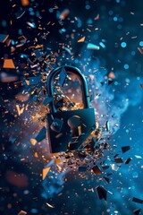 A blue and black padlock shatters into a million pieces.