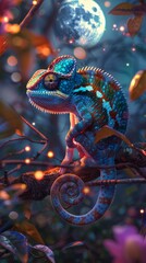 Obraz premium A blue and purple chameleon is sitting on a branch in front of a full moon. The chameleon is looking at the viewer.