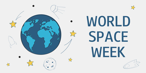 World Space Week. October. Template for background, banner, card, poster in doodle style. Vector illustration. 