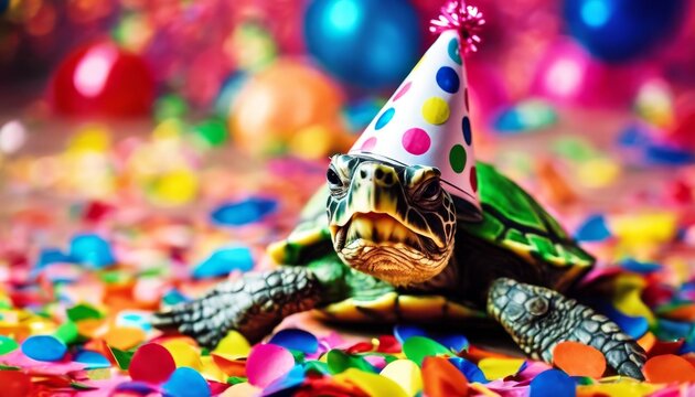 'cute friendly confetti hat birthday Funny colorful background. party wearing vibrant turtle studio ai generative pet tortoise humorous celebration animal adorabl'