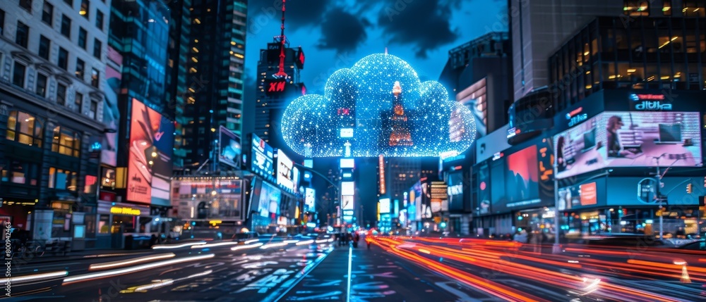 Poster cloud performance metrics are showcased on a massive public screen in times square, featuring real-t