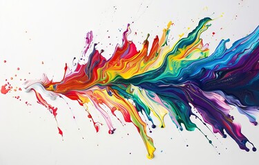 Rainbow paint flowing down on a white background, colorful splash art in the style of an abstract expressionist. 